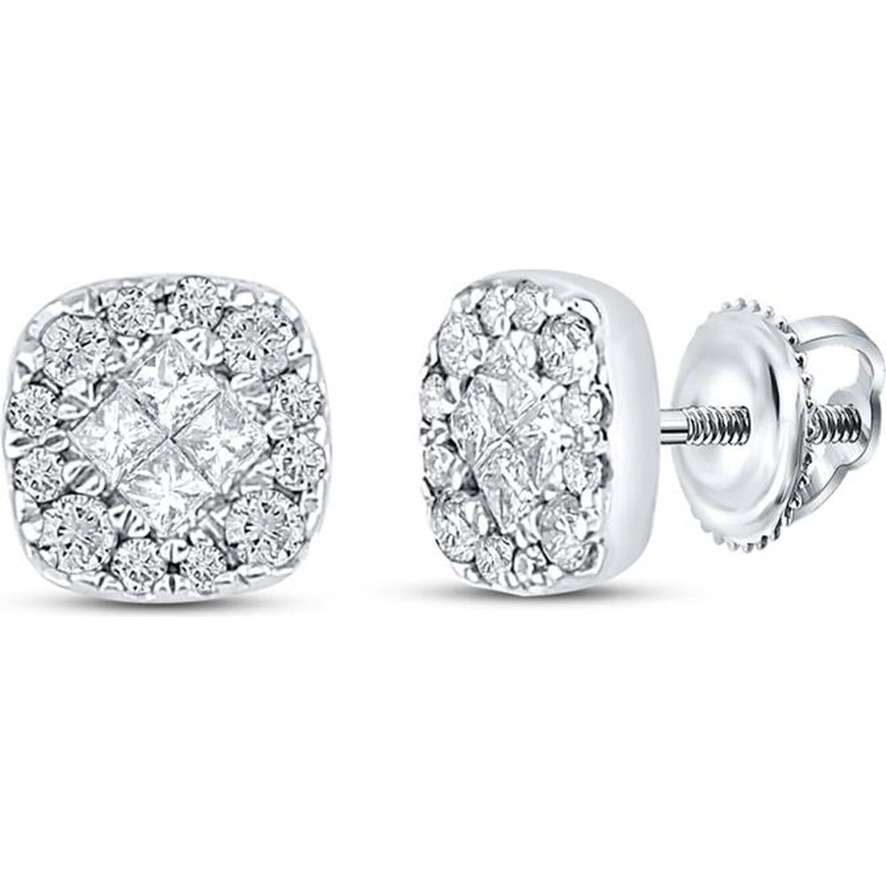 GND 14K White Gold Square Cluster Earrings with Princess and Round Diamonds - 0.25 Carat Total Diamond Weight