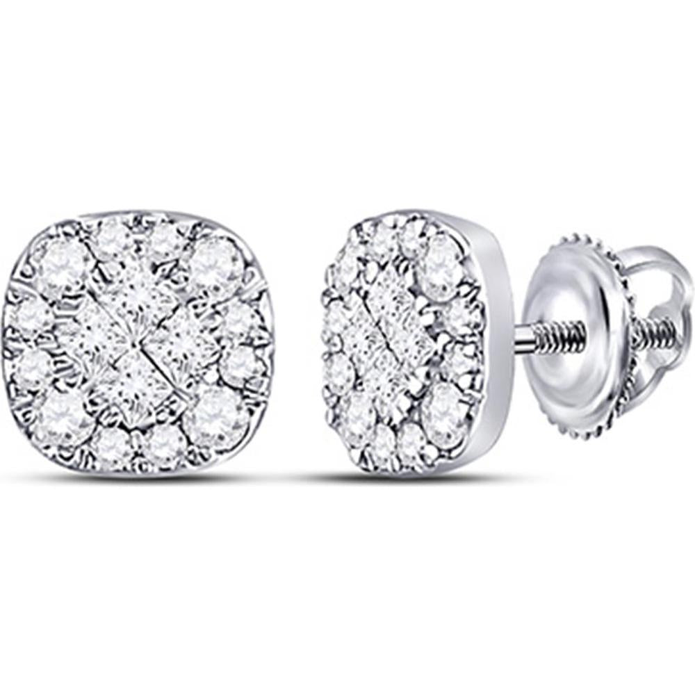GND 14K White Gold Square Cluster Earrings with Princess and Round Diamonds - 0.25 Carat Total Diamond Weight