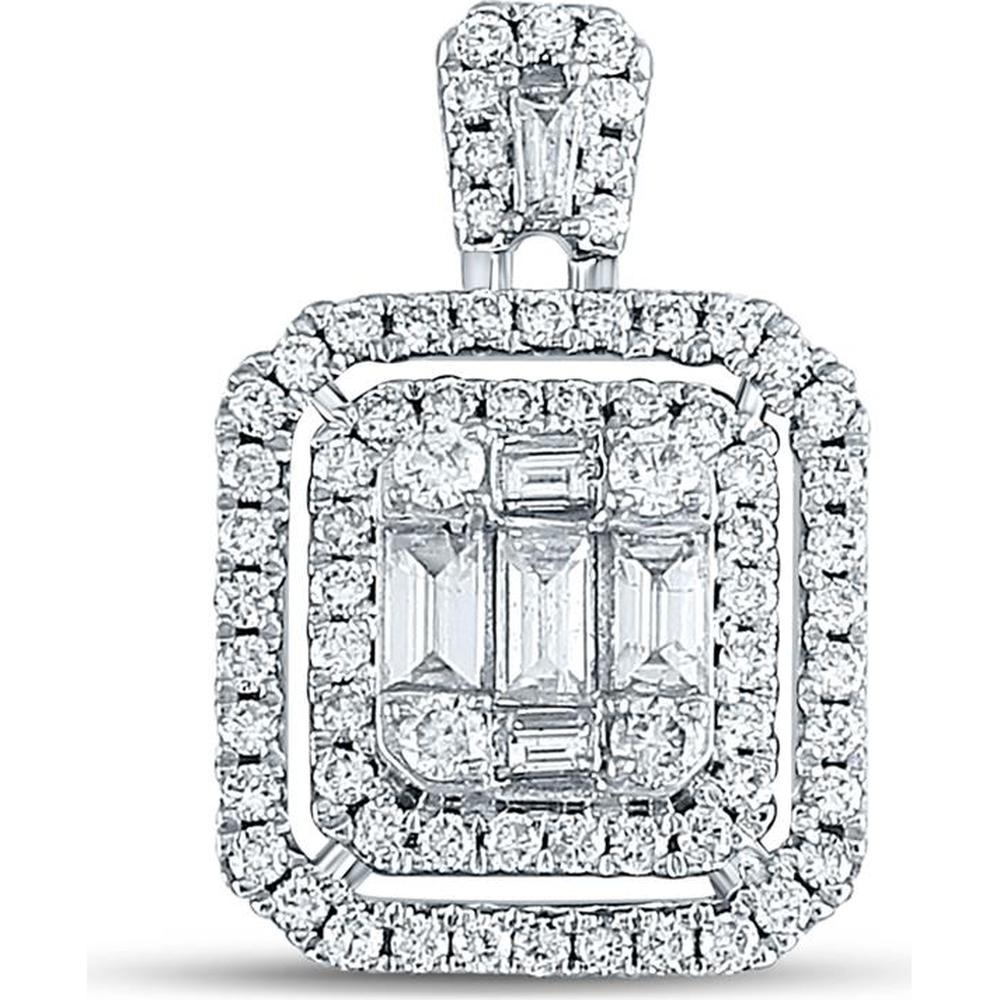 GND 14K White Gold Square Cluster Pendant with Baguette and Round Diamonds - 1.00 Carat Total Diamond Weight