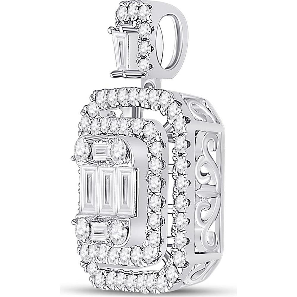 GND 14K White Gold Square Cluster Pendant with Baguette and Round Diamonds - 1.00 Carat Total Diamond Weight
