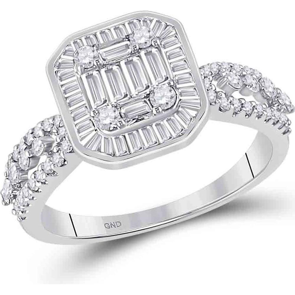 GND 14K White Gold Square Cluster Ring with Baguette and Round Diamonds - 7/8 Total Carat Weight