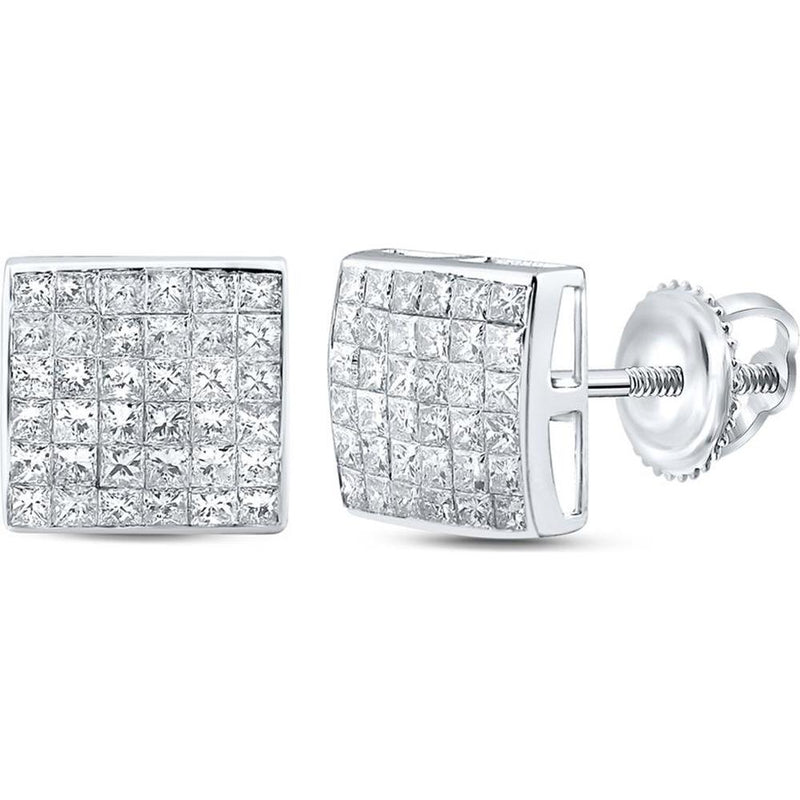 GND 14K White Gold Square Cluster Stud Earrings with Invisible-Set Princess Cut Diamonds - 2 Carat Total Diamond Weight