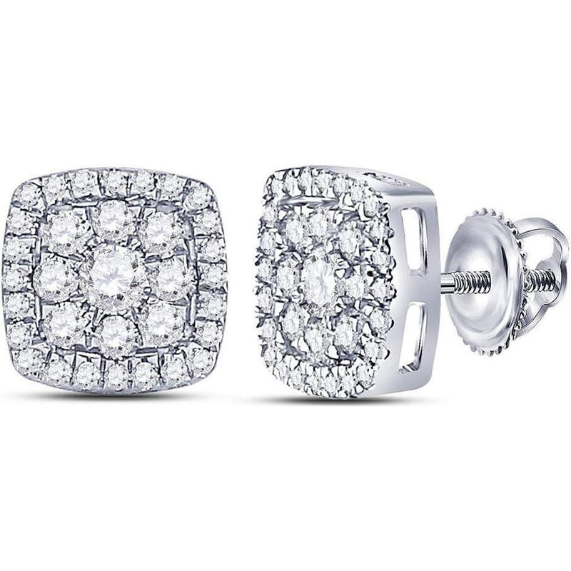 GND 14K White Gold Square Cluster Stud Earrings with Prong-Set Round Diamonds - 1.00 Carat Total Diamond Weight