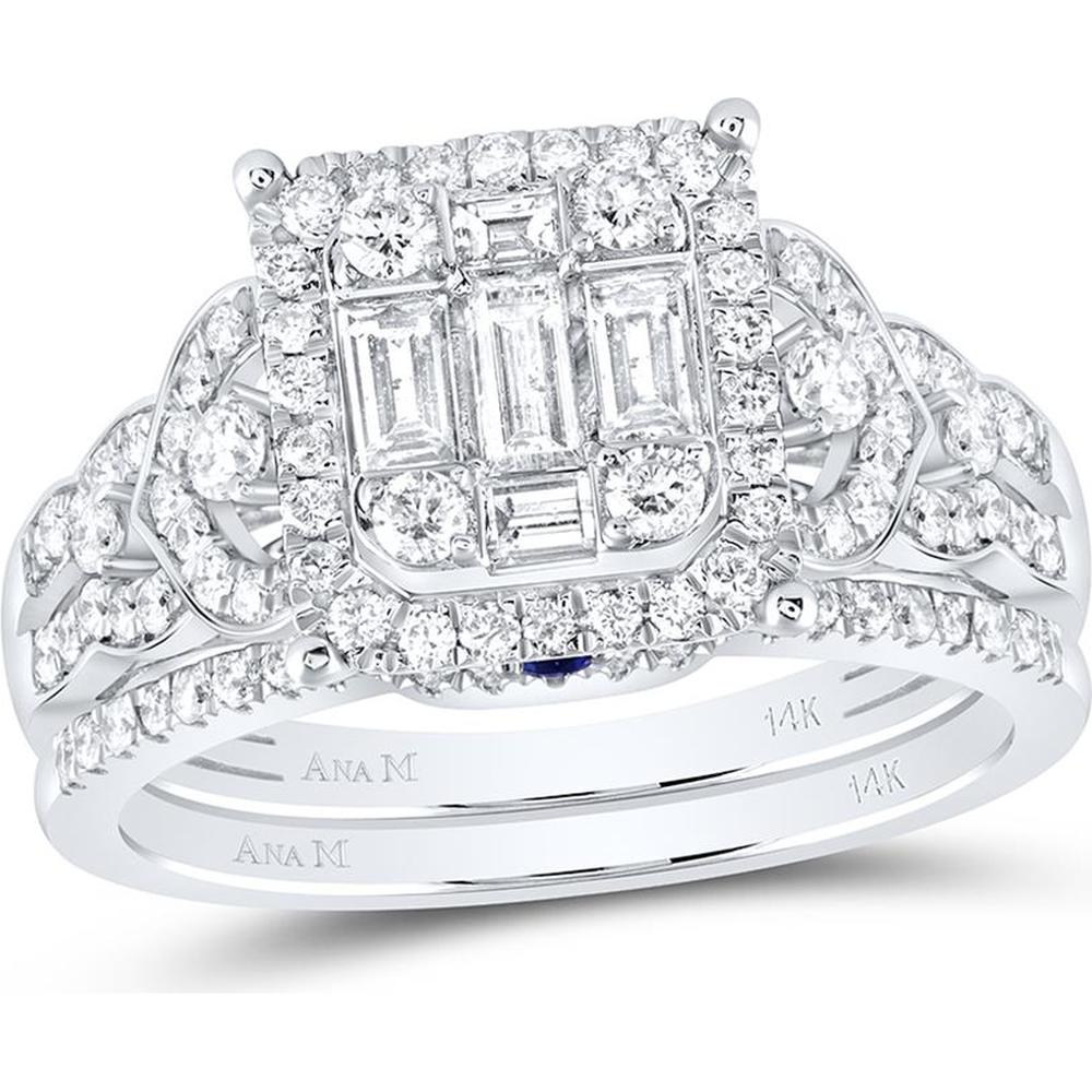 GND 14K White Gold Square Halo Baguette and Round Diamond Bridal Wedding Ring Set with Sapphire Accents - 1.00 Carat Total Diamond Weight