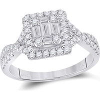 GND 14K White Gold Square Halo Ring with Channel-Set Baguette and Pave-Set Round Diamonds - 5/8 Carat Total Diamond Weight
