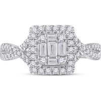 GND 14K White Gold Square Halo Ring with Channel-Set Baguette and Pave-Set Round Diamonds - 5/8 Carat Total Diamond Weight