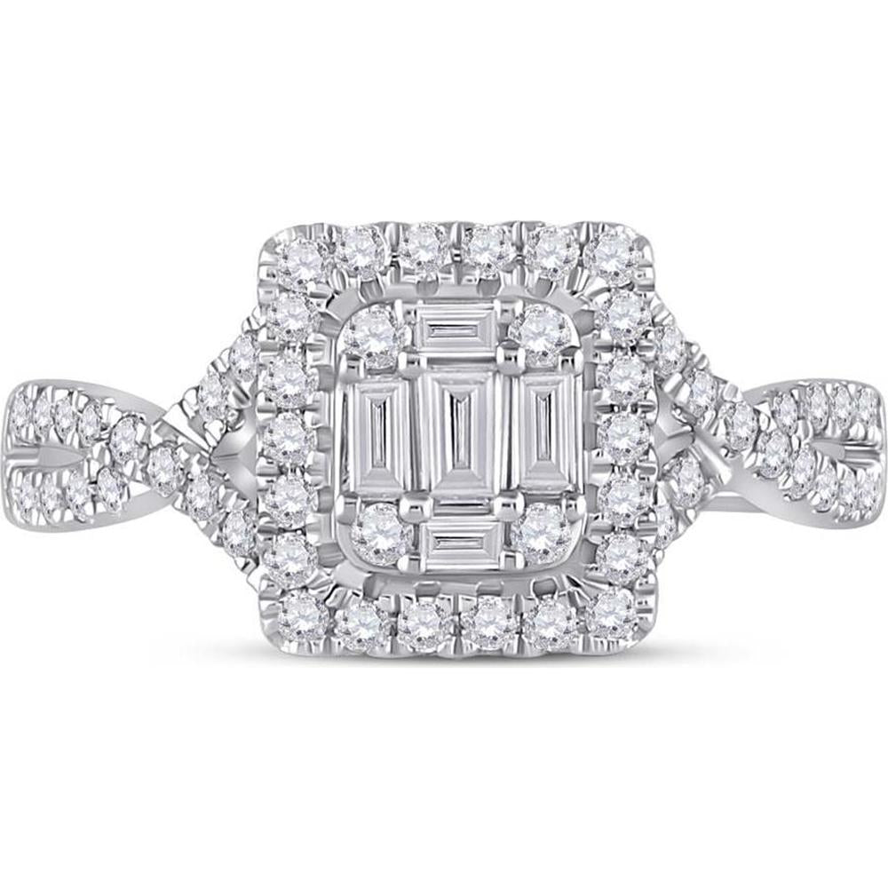 GND 14K White Gold Square Halo Ring with Channel-Set Baguette and Pave-Set Round Diamonds - 5/8 Carat Total Diamond Weight