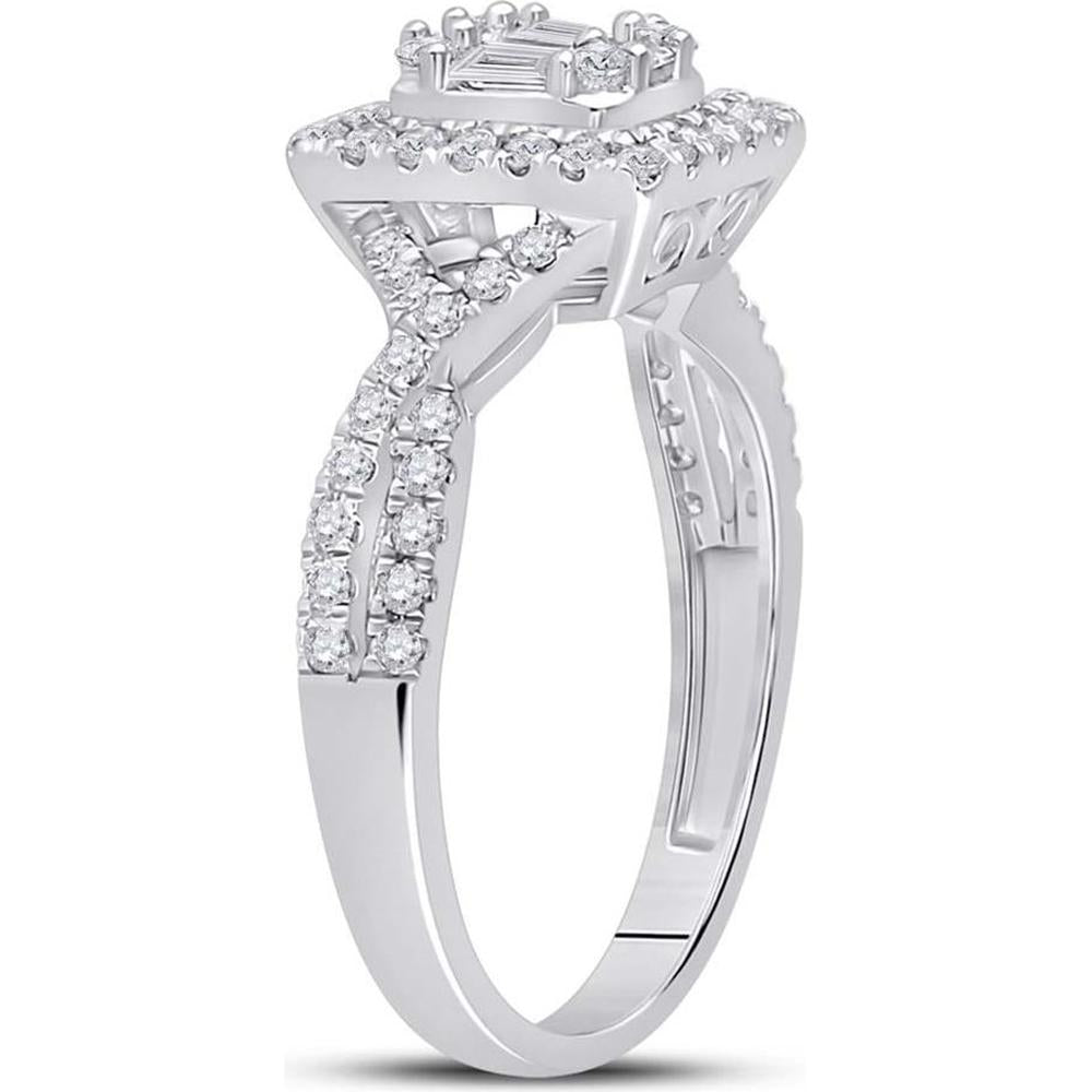 GND 14K White Gold Square Halo Ring with Channel-Set Baguette and Pave-Set Round Diamonds - 5/8 Carat Total Diamond Weight