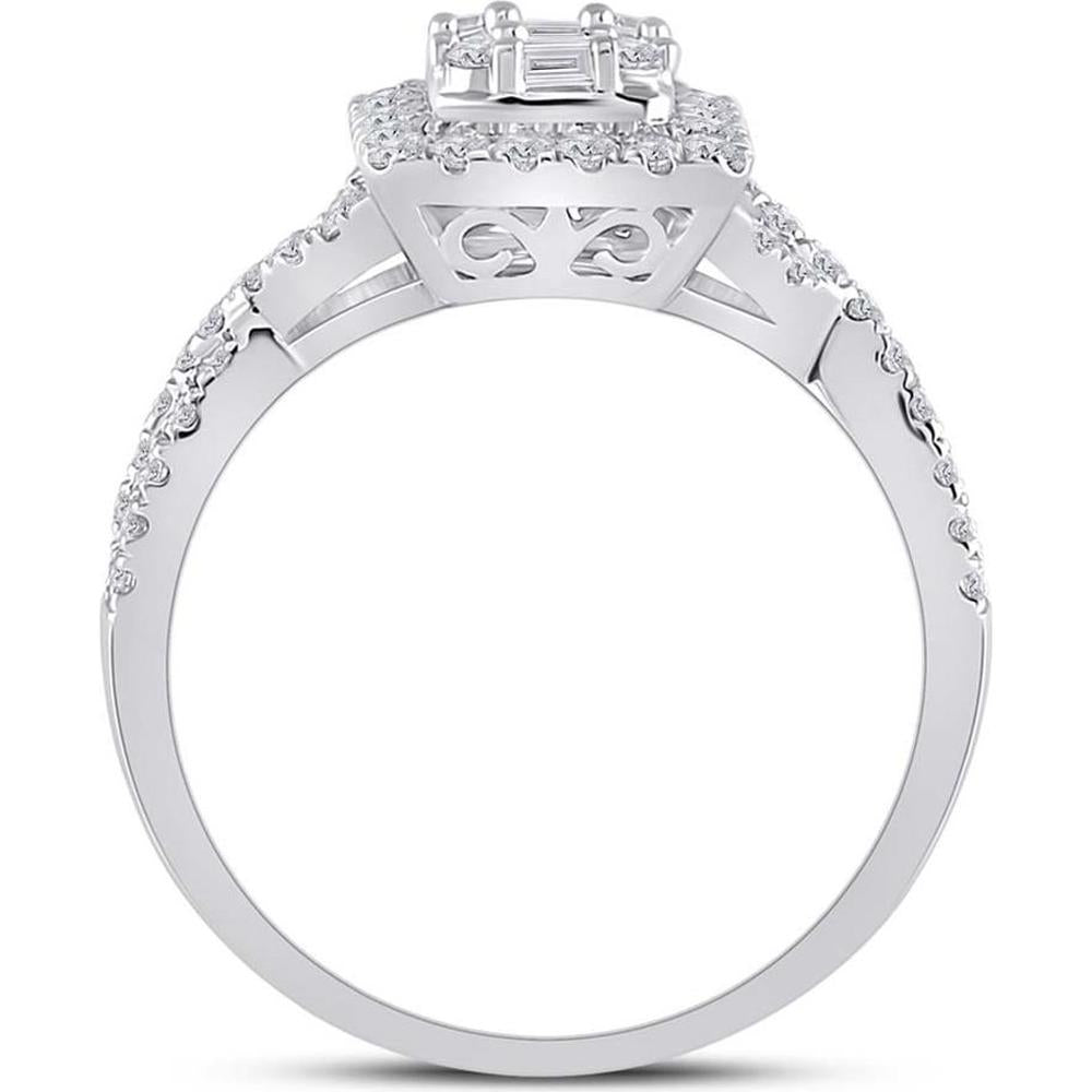 GND 14K White Gold Square Halo Ring with Channel-Set Baguette and Pave-Set Round Diamonds - 5/8 Carat Total Diamond Weight