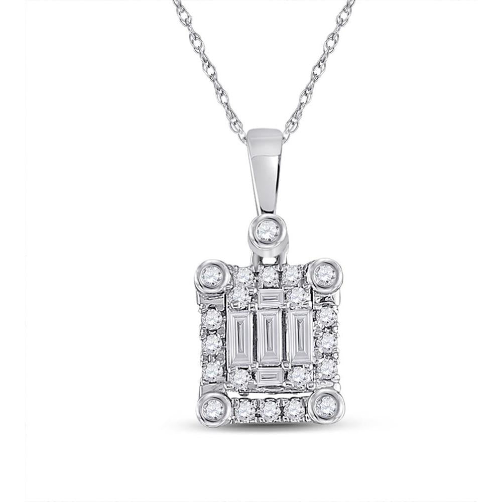 GND 14K White Gold Square Pendant with Illusion-Set Baguette and Round Diamonds - 0.25 Carat Total Diamond Weight