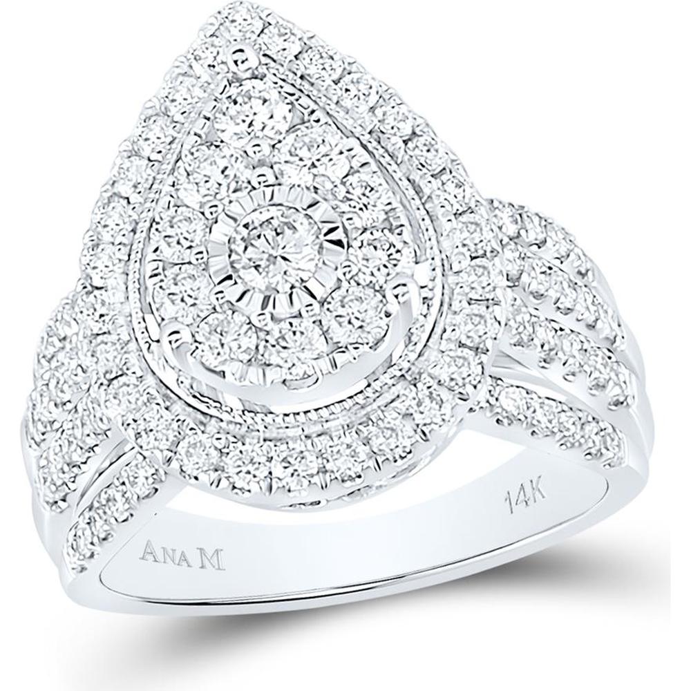 GND 14K White Gold Teardrop Cluster Ring with Round Prong-Set Diamonds – 1.5 Carat Total Diamond Weight