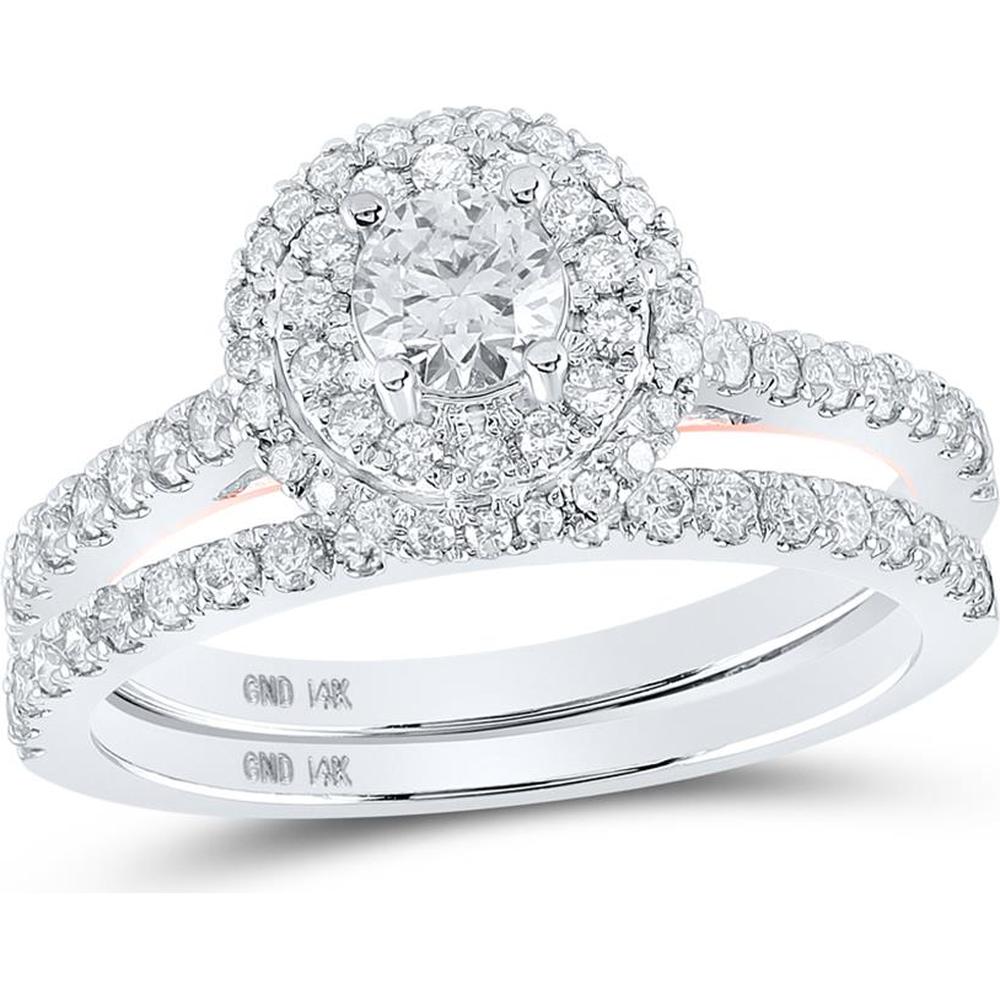GND 14K White Gold Two-Tone Diamond Halo Bridal Wedding Ring Set - 1.00 Carat Total Diamond Weight