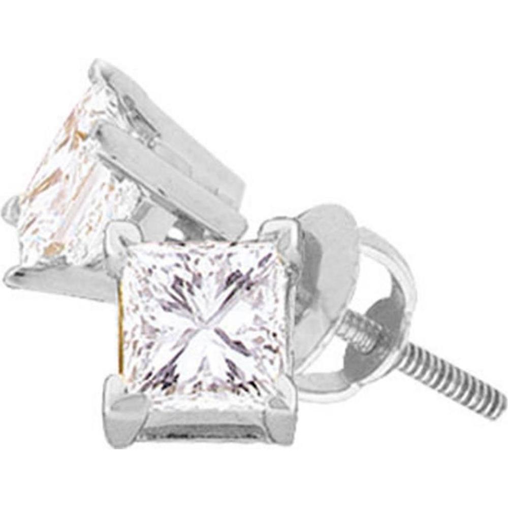 GND 14K White Gold Unisex Princess Diamond Solitaire Stud Earrings - 0.75 Carat Total Diamond Weight
