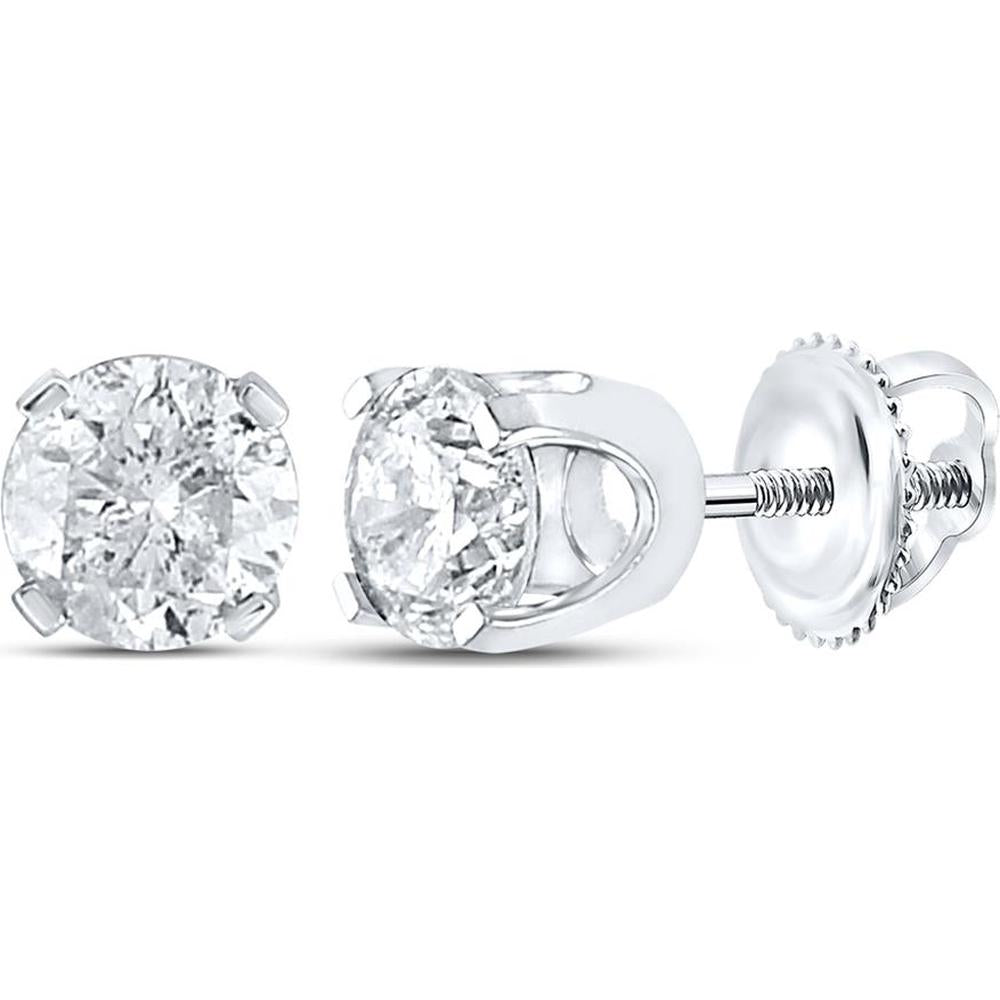GND 14K White Gold Unisex Round Diamond Solitaire Stud Earrings - 1-3/8 Carat Total Diamond Weight