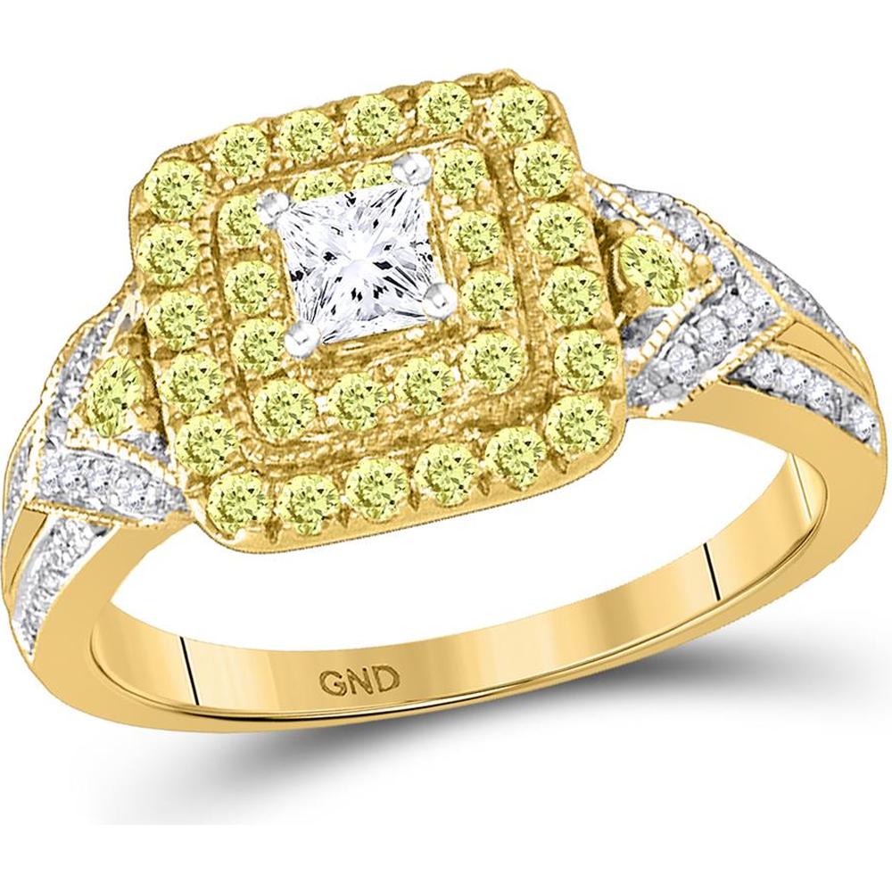 GND 14K Yellow and White Gold Double Halo Engagement Ring with Princess-Cut Diamond and Round Yellow Diamonds - 1.0 Carat Total Carat Weight
