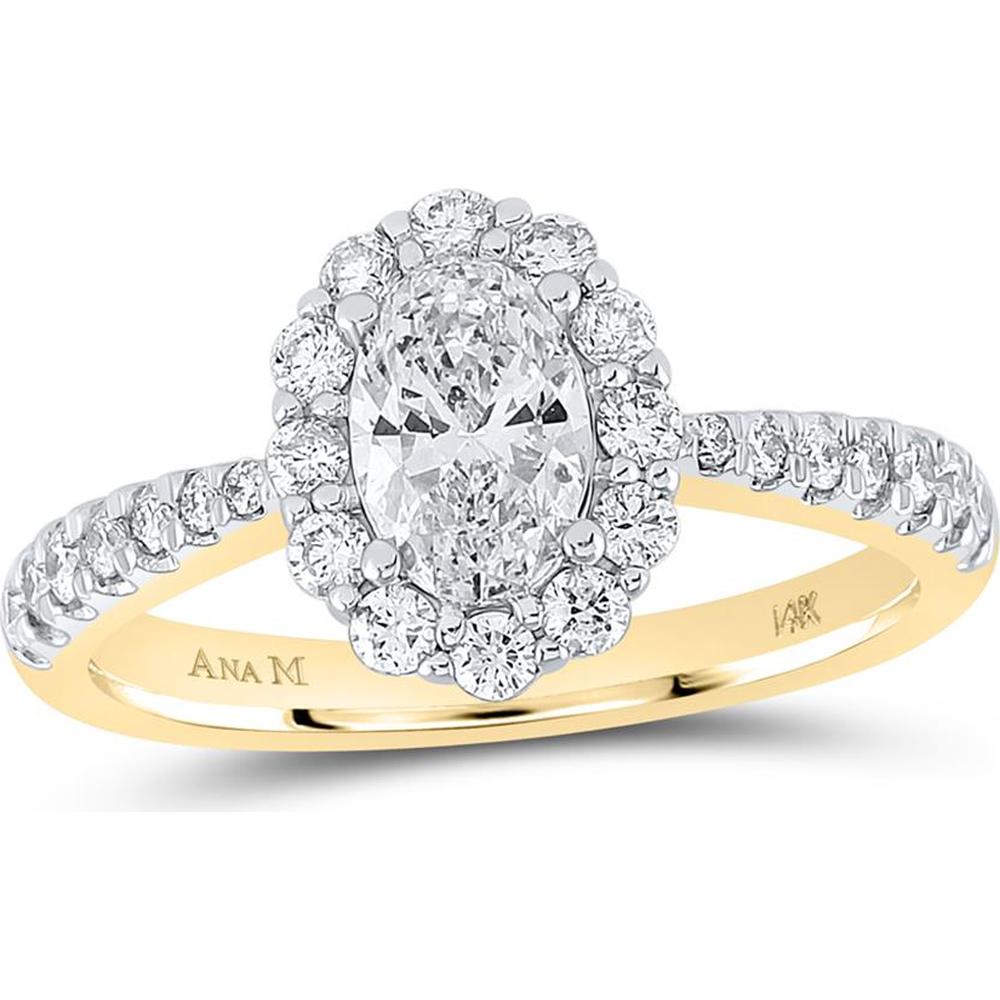 GND 14K Yellow Gold 1-1/4 Carat Total Diamond Oval Halo Engagement Ring with Round Accents