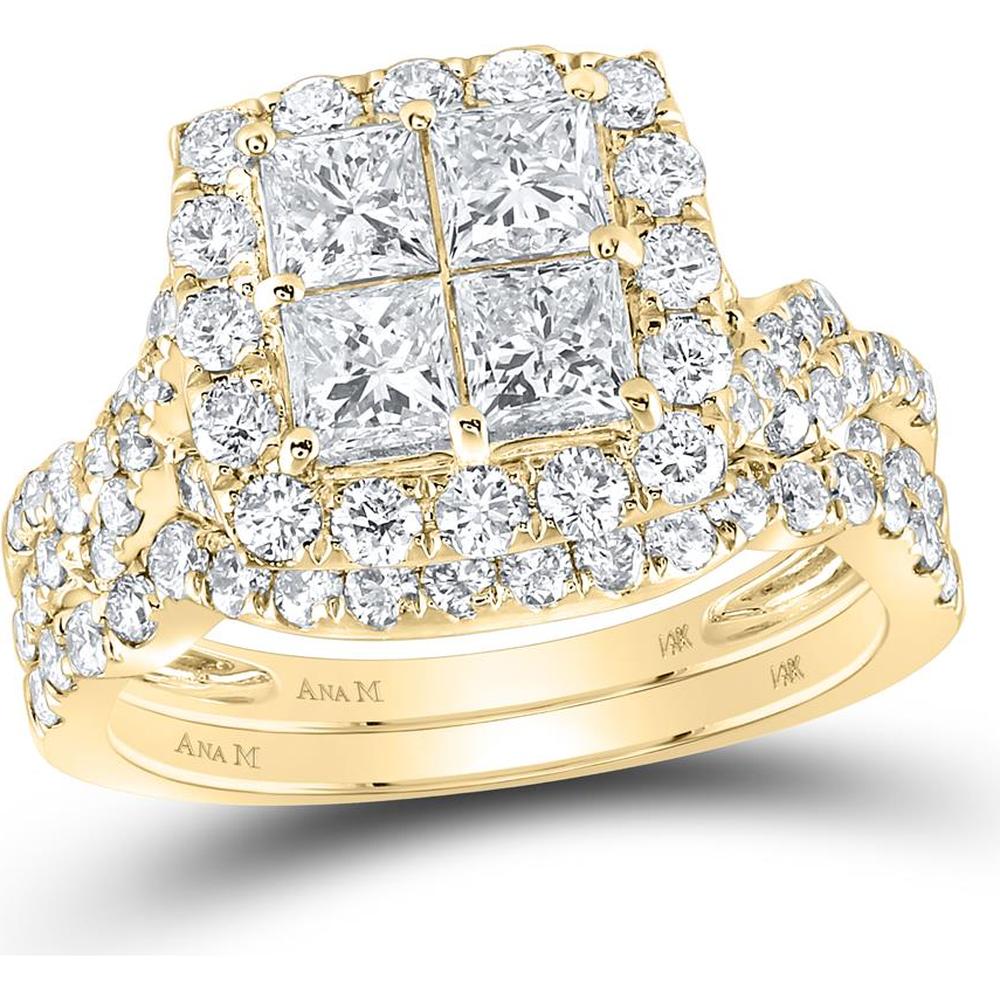 GND 14K Yellow Gold 2-5/8 Carat Princess Diamond Bridal Wedding Ring Set with Invisible and Pave Setting