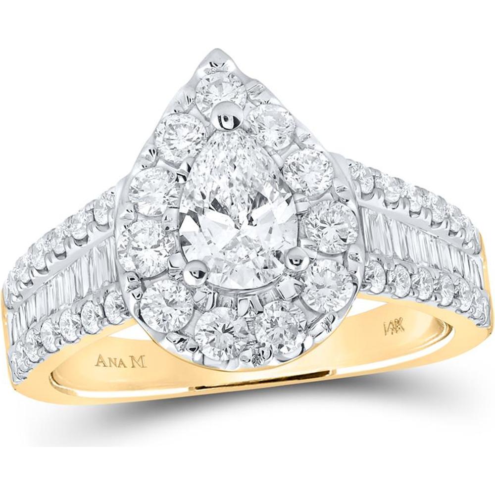 GND 14K Yellow Gold 2 Carat Total Diamond Pear-Shaped Halo Engagement Ring with Baguette Accents