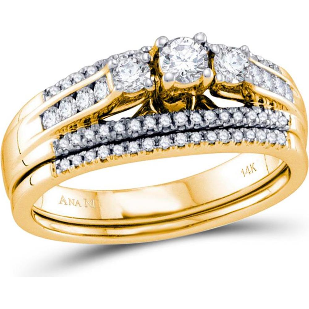 GND 14K Yellow Gold 3-Stone Diamond Wedding Bridal Engagement Ring Band Set - 0.50 Carat Total Diamond Weight