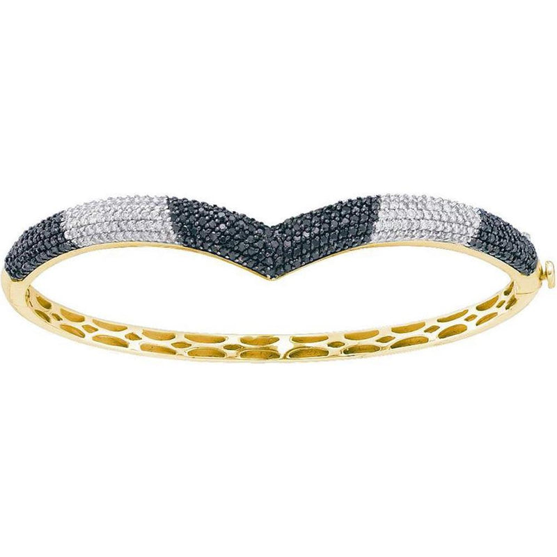 GND 14K Yellow Gold Black and White Diamond Bangle Bracelet with Pave-Set Round Diamonds - 1.80 Carat Total Diamond Weight