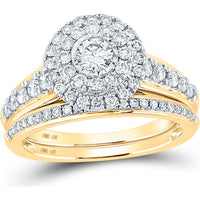 GND 14K Yellow Gold Bridal Wedding Ring Set with Illusion-Set Round Diamond Halo - 1.00 Carat Total Diamond Weight