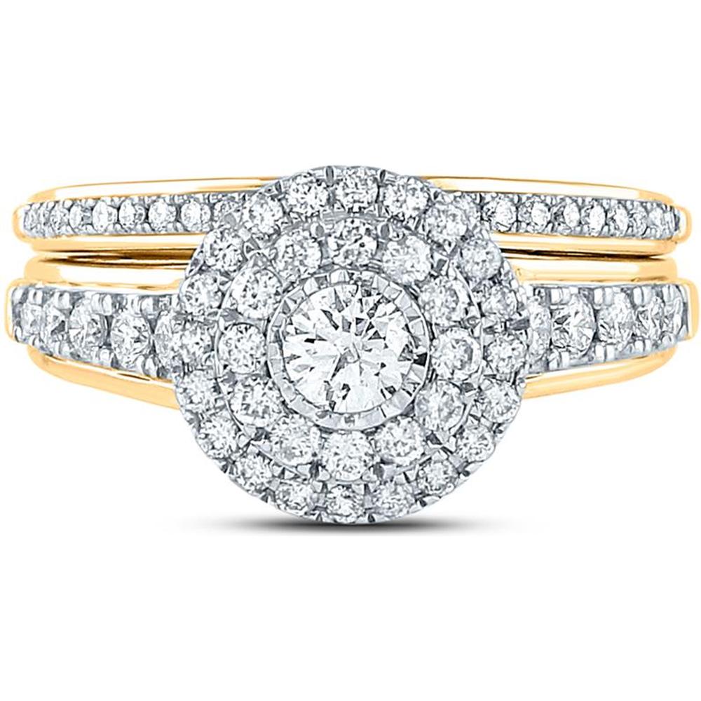 GND 14K Yellow Gold Bridal Wedding Ring Set with Illusion-Set Round Diamond Halo - 1.00 Carat Total Diamond Weight