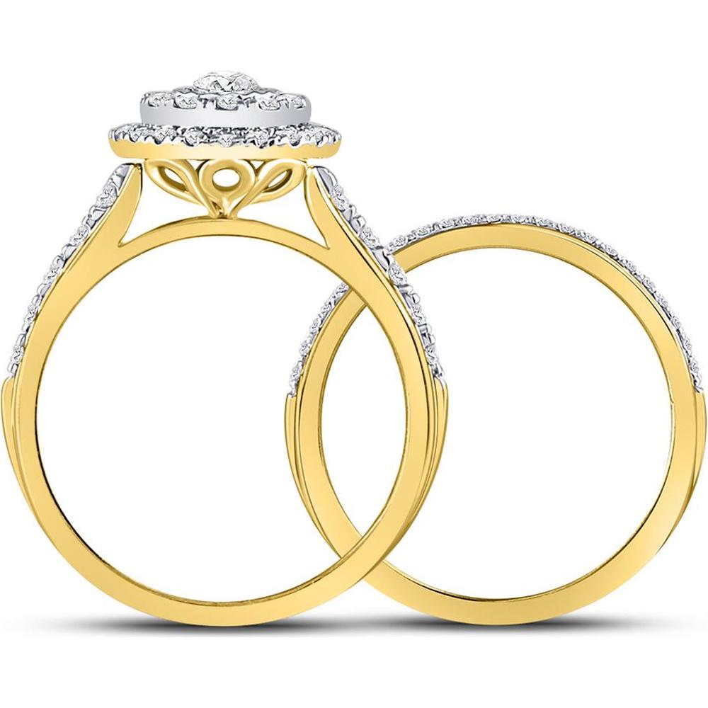 GND 14K Yellow Gold Bridal Wedding Ring Set with Illusion-Set Round Diamond Halo - 1.00 Carat Total Diamond Weight