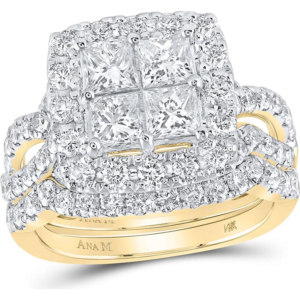 GND 14K Yellow Gold Bridal Wedding Ring Set with Princess-Cut and Round Diamonds - 3.00 Carat Total Diamond Weight