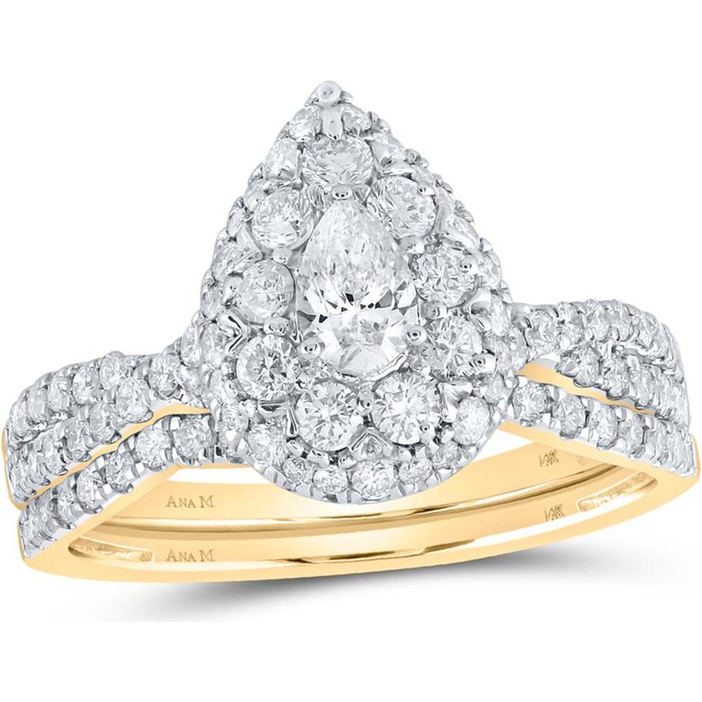 GND 14K Yellow Gold Bridal Wedding Ring Set with Prong-Set Pear-Shaped Diamond and Round Diamonds - 1.00 Carat Total Diamond Weight