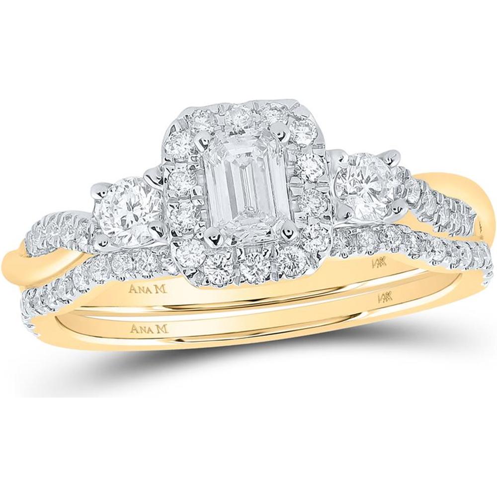 GND 14K Yellow Gold Bridal Wedding Set with Emerald Cut Diamond and Round Diamond Halo - 0.78 Carat Total Diamond Weight