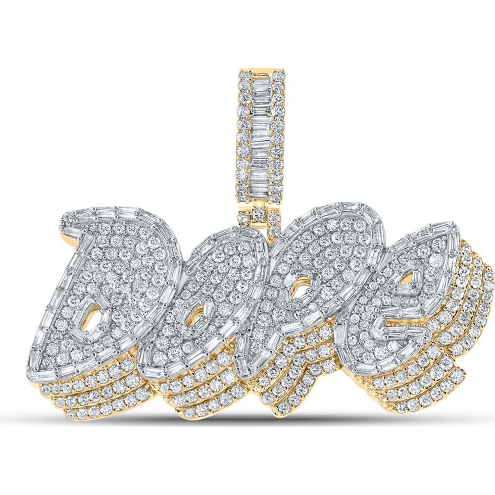 GND 14K Yellow Gold Channel-Set Baguette and Round Diamond "Dope" Pendant - 3.75 Carat Total Diamond Weight