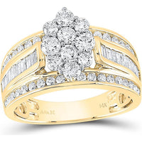 GND 14K Yellow Gold Cluster Bridal Engagement Ring with Round and Baguette Diamonds – 1.5 Carat Total Diamond Weight
