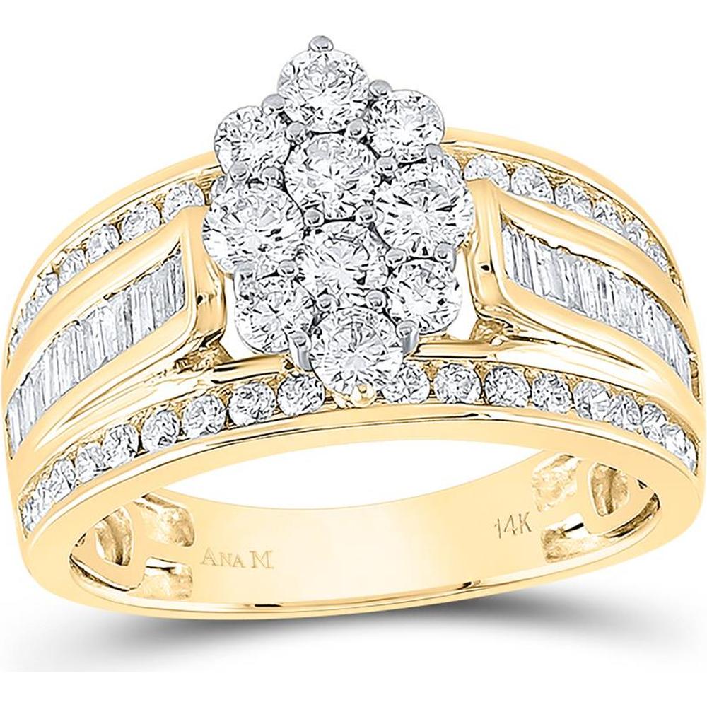 GND 14K Yellow Gold Cluster Bridal Engagement Ring with Round and Baguette Diamonds – 1.5 Carat Total Diamond Weight