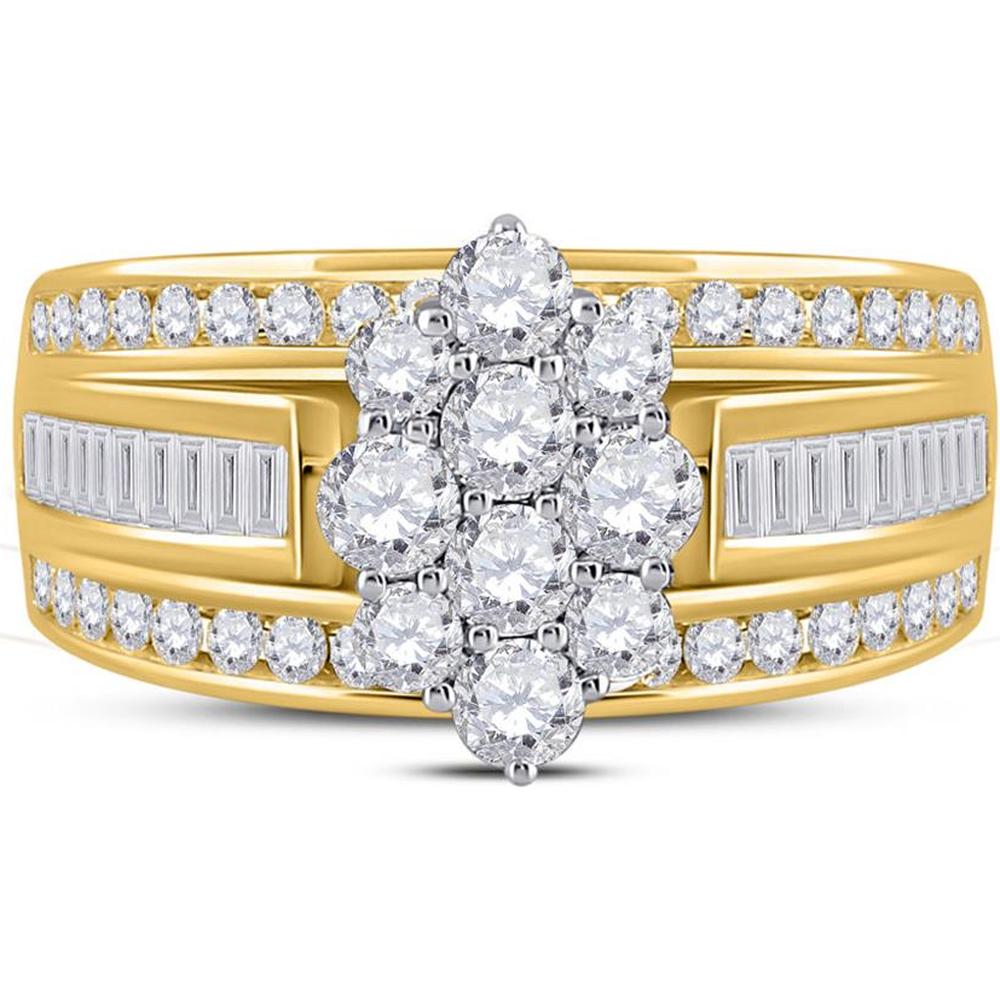 GND 14K Yellow Gold Cluster Bridal Engagement Ring with Round and Baguette Diamonds – 1.5 Carat Total Diamond Weight
