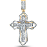 GND 14K Yellow Gold Cross Pendant with Channel-Set Baguette and Pavé Round Diamonds - 7/8 Total Carat Weight
