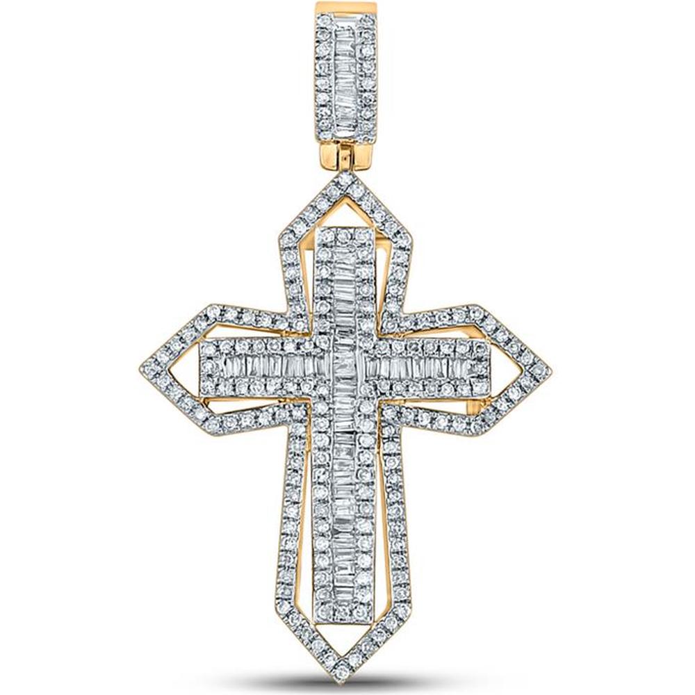 GND 14K Yellow Gold Cross Pendant with Channel-Set Baguette and Pavé Round Diamonds - 7/8 Total Carat Weight