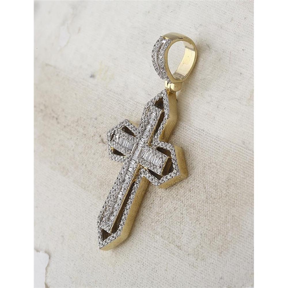 GND 14K Yellow Gold Cross Pendant with Channel-Set Baguette and Pavé Round Diamonds - 7/8 Total Carat Weight