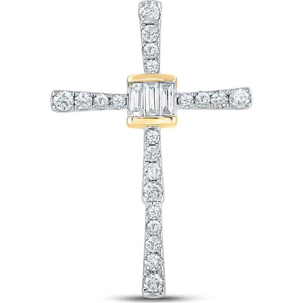 GND 14K Yellow Gold Cross Pendant with Channel-Set Baguette and Pave-Set Round Diamonds - 5/8 Total Carat Weight