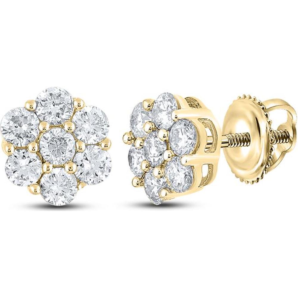 GND 14K Yellow Gold Diamond Flower Cluster Stud Earrings - 1.0 Carat Total Diamond Weight