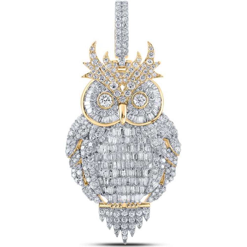 GND 14K Yellow Gold Diamond Owl Charm Pendant with Round and Baguette Diamonds – 3-7/8 Carat Total Weight