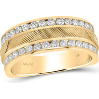 GND 14K Yellow Gold Double Row Textured Wedding Band with Channel-Set Round Diamonds - 1 Carat Total Diamond Weight