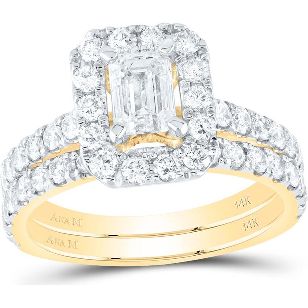 GND 14K Yellow Gold Emerald Cut Diamond Halo Bridal Wedding Ring Set - 1-7/8 Carat Total Diamond Weight