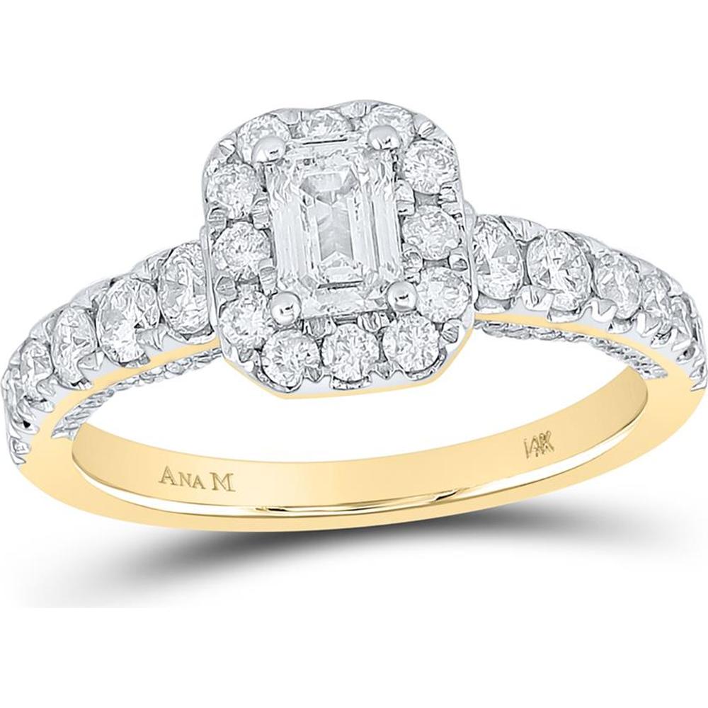 GND 14K Yellow Gold Emerald Cut Diamond Halo Engagement Ring with Prong Set Round Diamonds - 1.46 Carat Total Diamond Weight