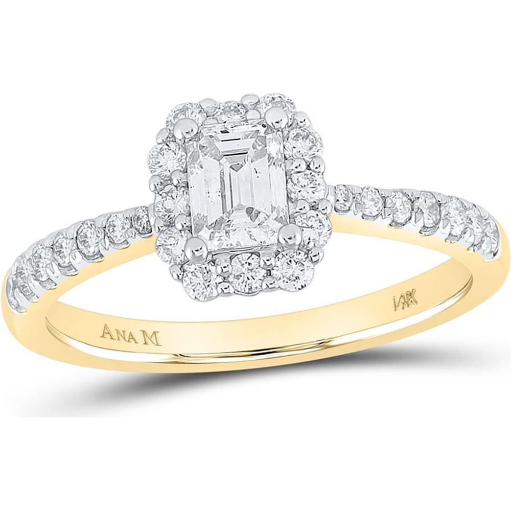 GND 14K Yellow Gold Emerald-Cut Diamond Halo Engagement Ring with Prong-Set Round Diamonds – 7/8 Carat Total Weight