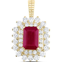 GND 14K Yellow Gold Emerald Cut Ruby and Diamond Halo Pendant - 0.50 Carat Ruby, 0.36 Carat Total Diamond Weight