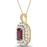 GND 14K Yellow Gold Emerald Cut Ruby and Diamond Halo Pendant - 0.50 Carat Ruby, 0.36 Carat Total Diamond Weight