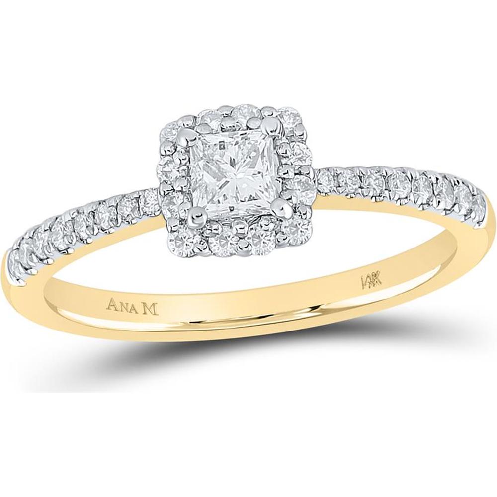 GND 14K Yellow Gold Engagement Ring with Princess Diamond and Round Diamond Halo - 0.56 Carat Total Diamond Weight