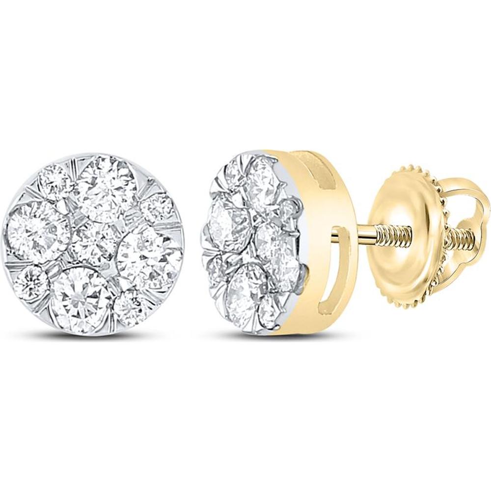GND 14K Yellow Gold Floral Cluster Diamond Stud Earrings with 1.0 Carat Total Diamond Weight