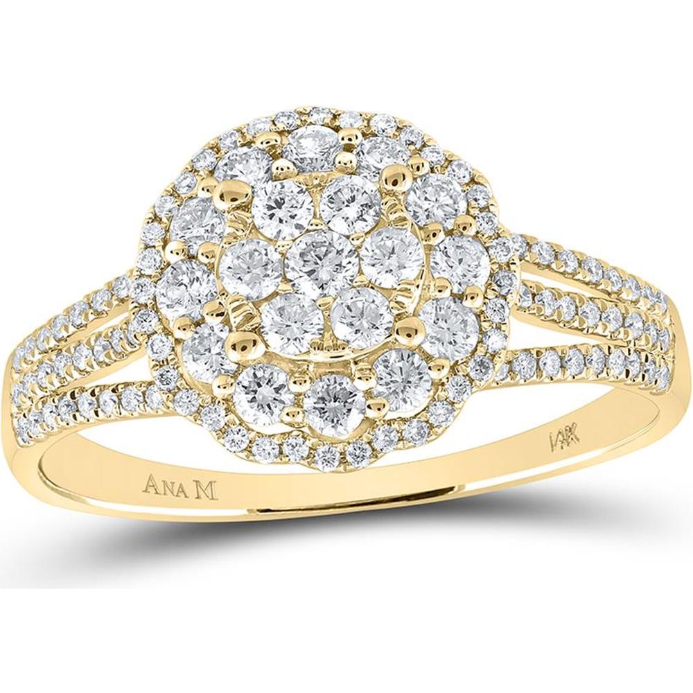 GND 14K Yellow Gold Halo Flower Cluster Ring with Prong-Set Round Diamonds - 0.87 Carat Total Diamond Weight