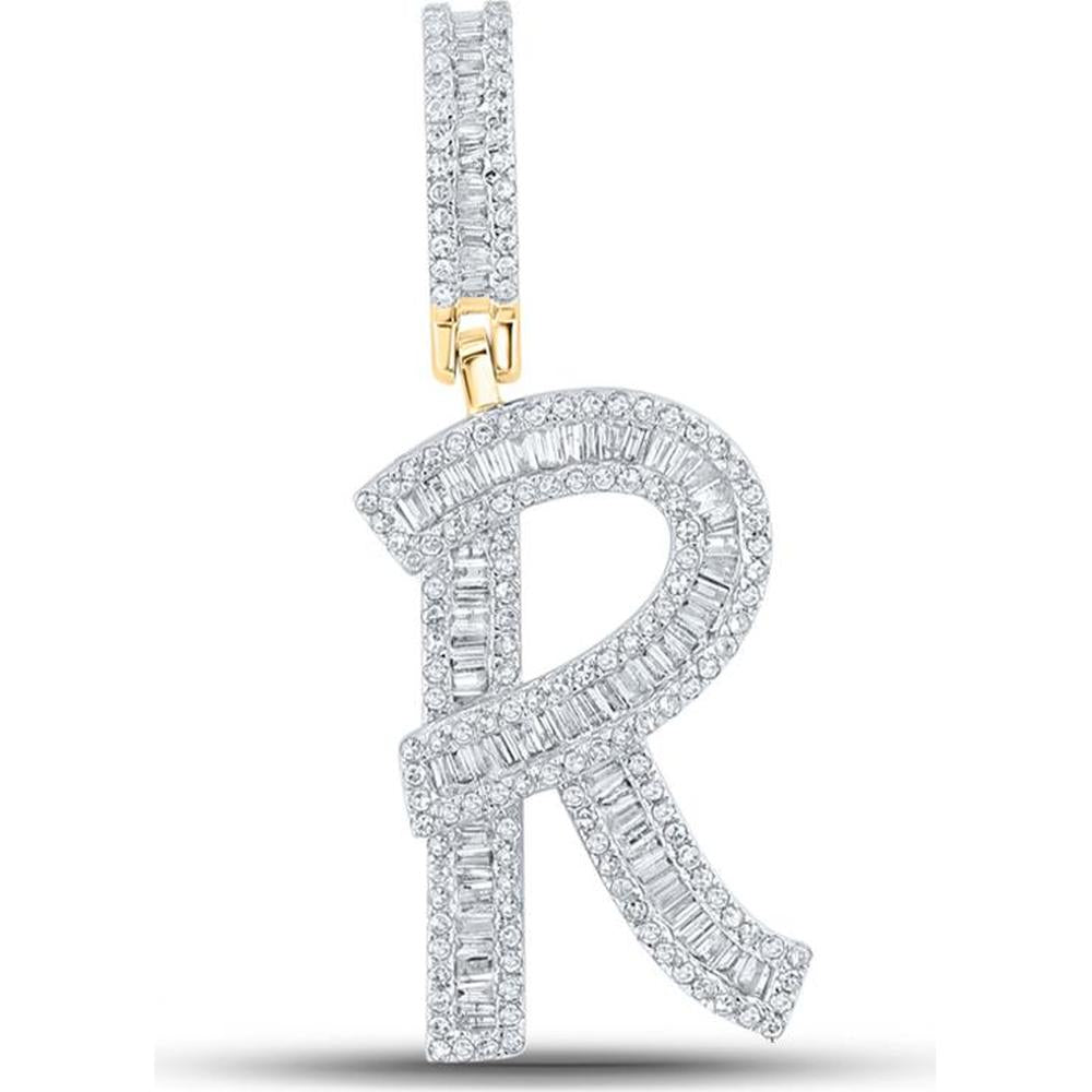 GND 14K Yellow Gold Initial 'R' Charm Pendant with Baguette and Round Diamonds - 0.85 Carat Total Diamond Weight
